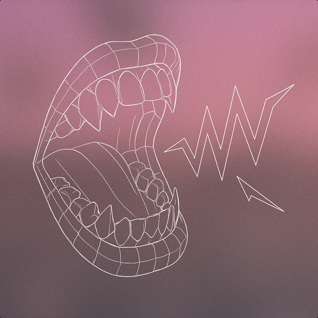 Cover of a wide-open mouth with sharp teeth emitting jagged soundwaves for Scary Jumpscare sound effects