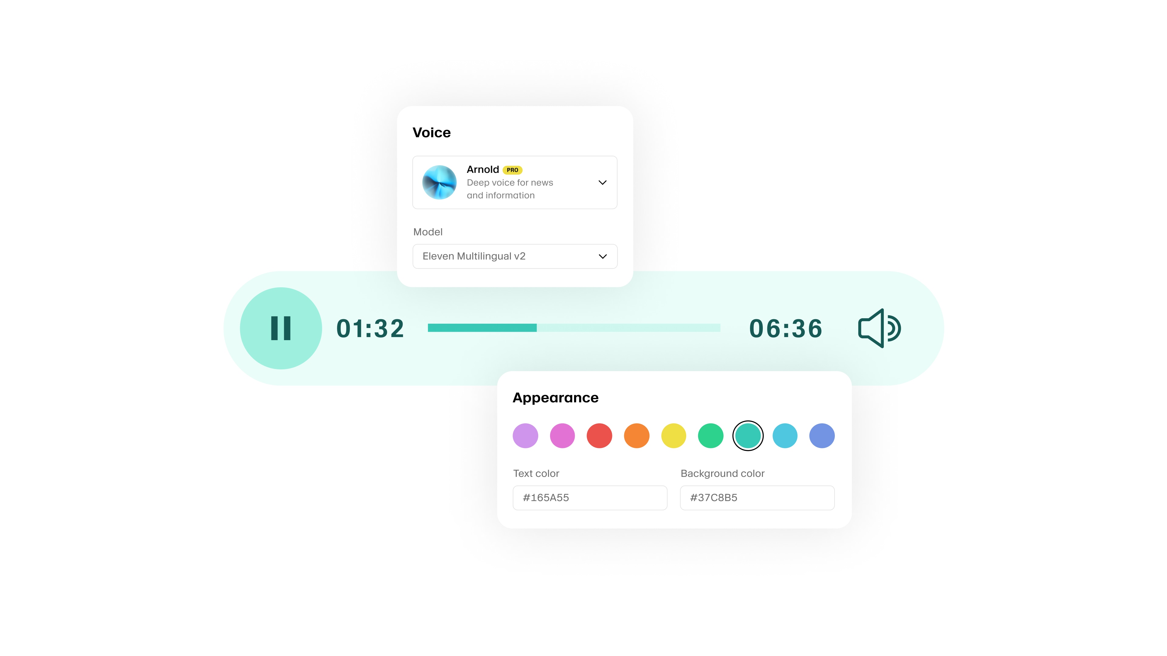 Audio player interface with voice settings and appearance customization options.
