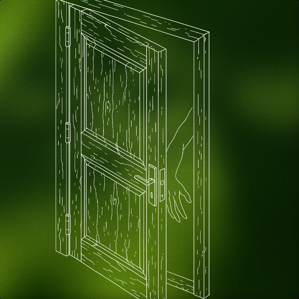 Cover of a cracked, old wooden door slightly ajar with a shadowy hand reaching through the gap for Horror Foley sound effects