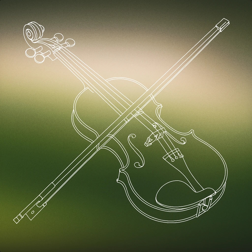 Cover of A single, elegantly simplified violin resting on its side with a bow placed diagonally across its body for Violin sound effects