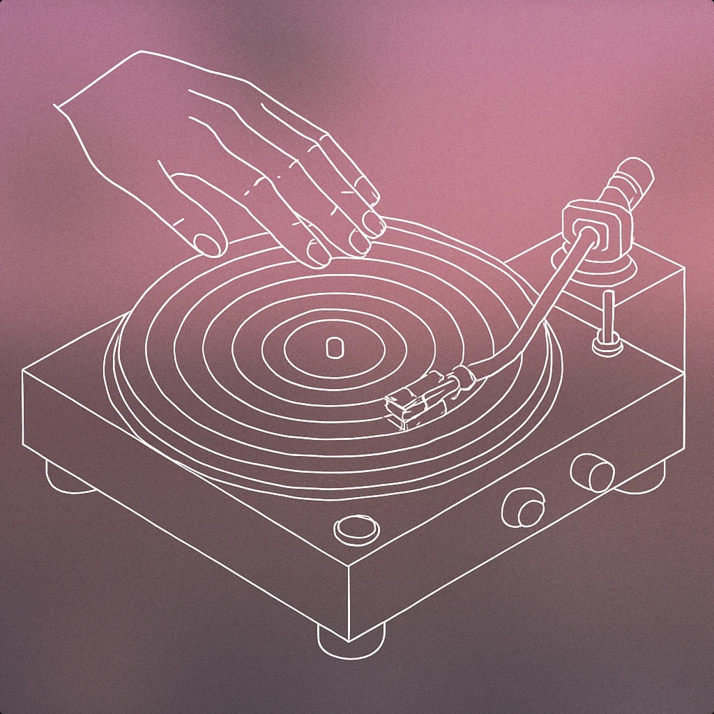 Cover of turntable with a stylized vinyl record and a single hand poised above it for DJ Scratch sound effects