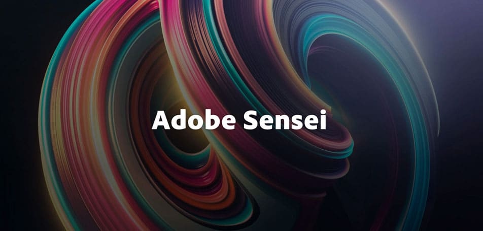 Colorful swirling abstract background with the text "Adobe Sensei" in the center.