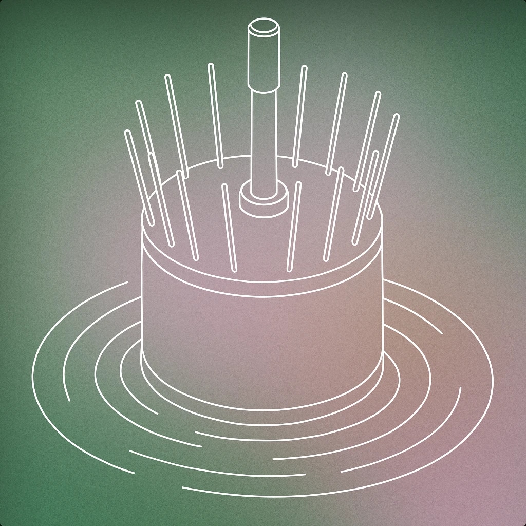 Cover of A stylized waterphone instrument with its cylindrical resonator body and protruding rods, partially submerged in a shallow pool of water, with gentle ripples emanating from the base for Waterphone sound effects