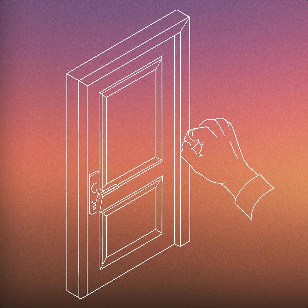 Cover of a closed door with a single hand poised to knock for Knocking sound effects