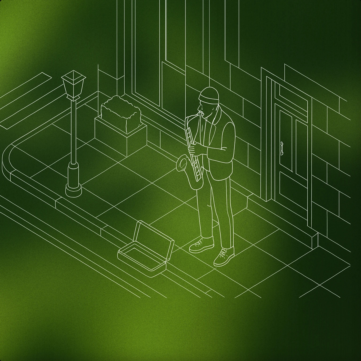 Cover of an urban busker playing a saxophone on a city sidewalk for Street sound effects