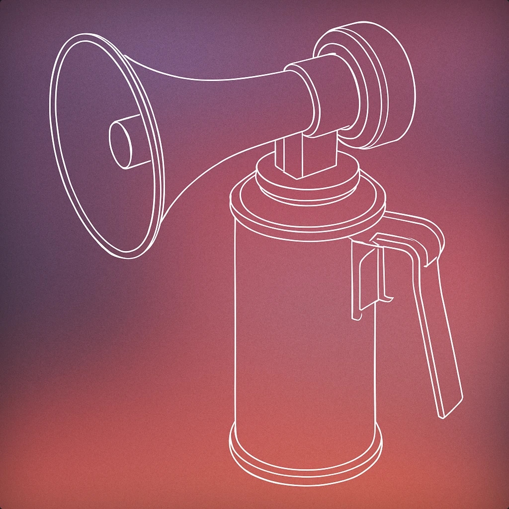 Cover of handheld airhorn with a prominent trigger button for DJ Airhorn sound effects