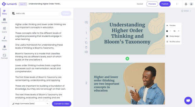 Slide presentation on understanding higher order thinking and Bloom's Taxonomy, featuring a smiling man using a tablet.
