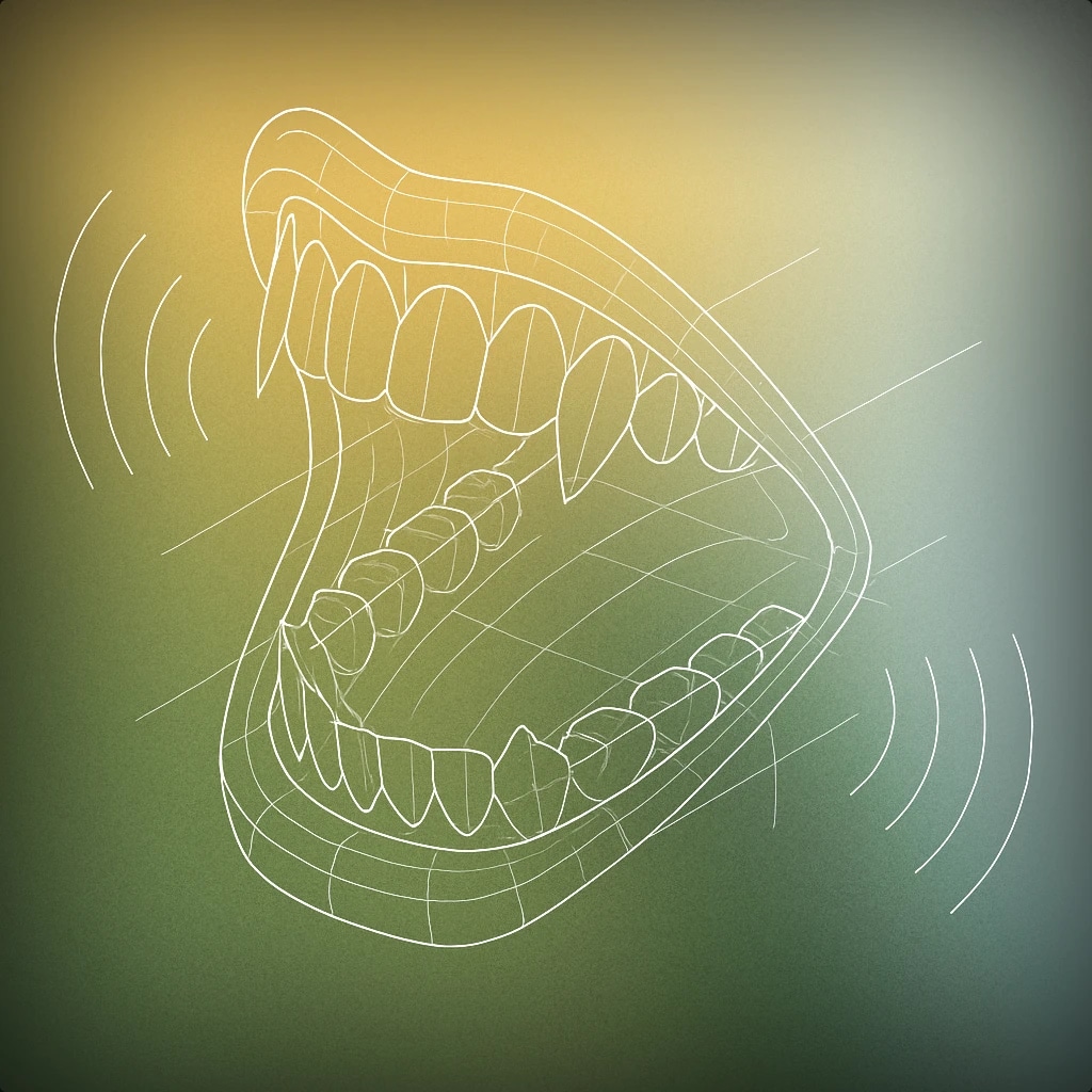 Cover of a stylized open mouth with sharp, exaggerated teeth and a wide grin, with subtle soundwave lines emanating from it for Evil Laughter sound effects