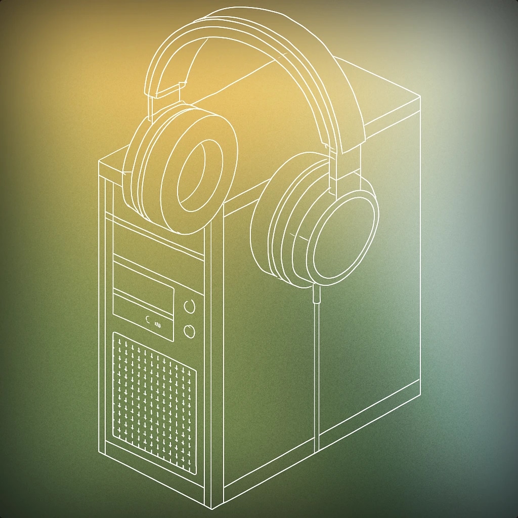 Cover of A desktop computer tower with a large, stylized headphone resting over it for Computer sound effects