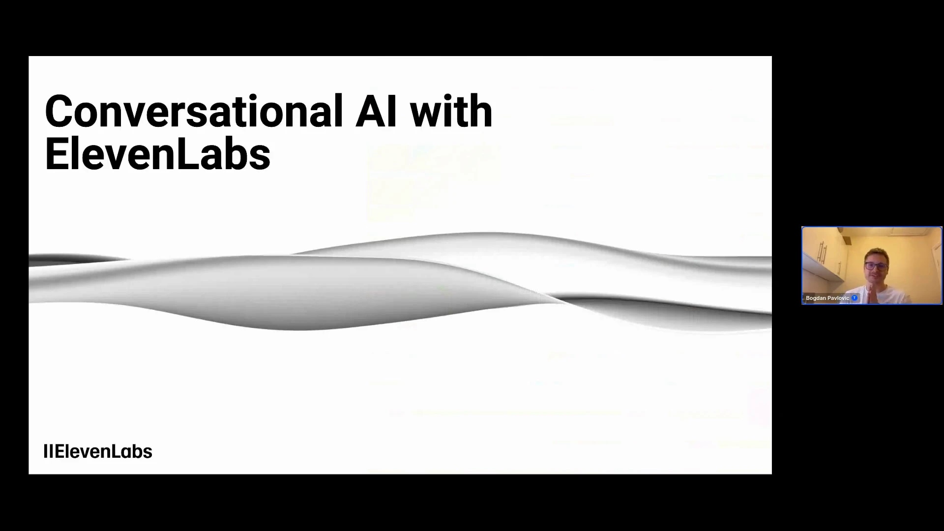 Slide titled "Conversational AI with ElevenLabs" with a small video thumbnail of a person named Bogdan Pavlovic in the bottom right corner.