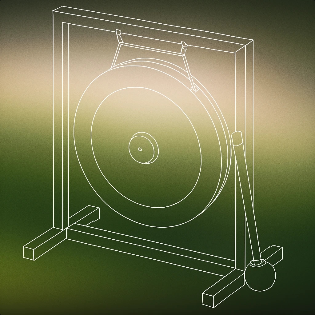 Cover of A large suspended circular gong with a mallet resting against its side, mounted on a simple rectangular frame for Gong sound effects