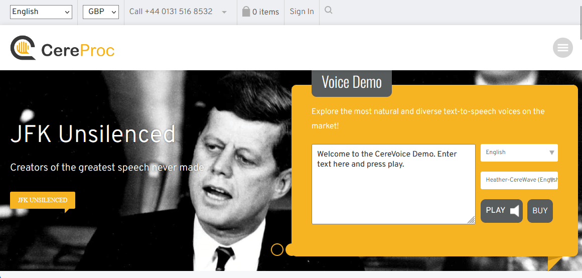 Screenshot of the CereProc JFK Unsilenced voice demo webpage featuring a black-and-white image of John F. Kennedy and a text-to-speech interface.
