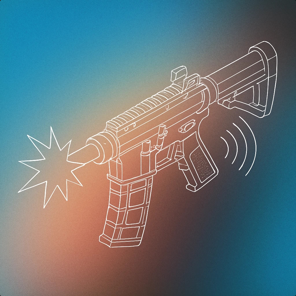 Cover of a stylized automatic gun with a visible muzzle flash and a minimal soundwave emanating from the barrel for Automatic Guns sound effects