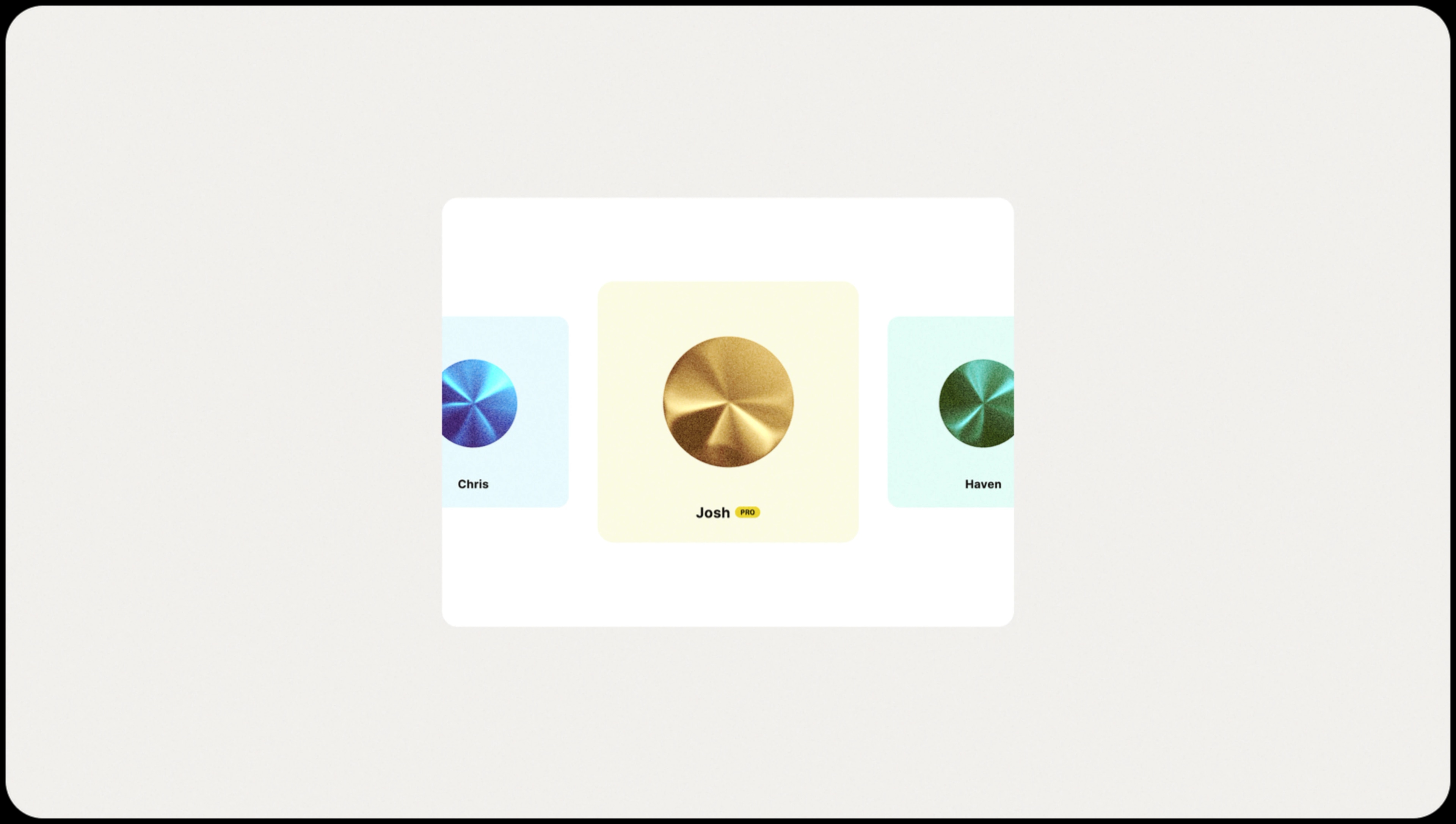 A voice selection interface showing a carousel of distinct, named voices, with pro voices visually differentiated from standard ones.