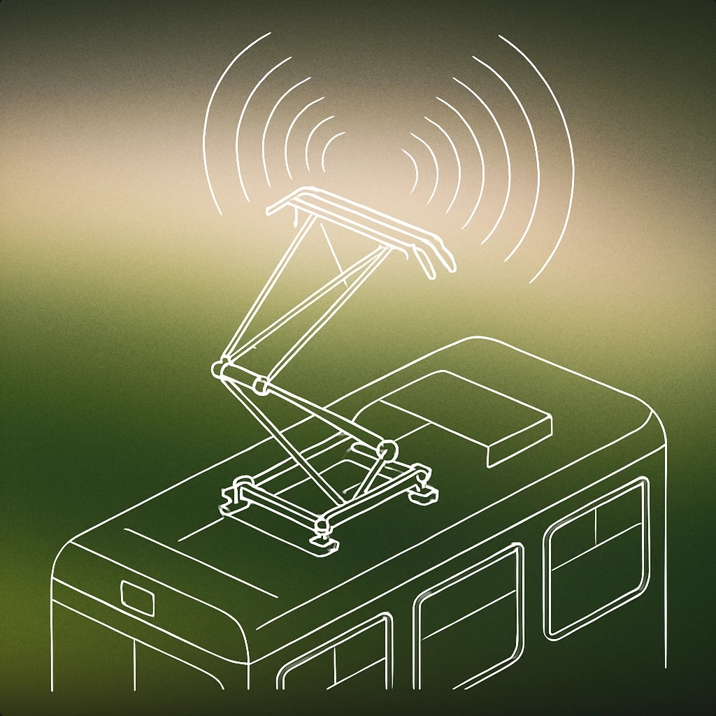 Cover of tram pantograph with stylized soundwave lines emanating from it for Tram sound effects