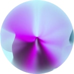 A colorful, abstract, spherical shape with a gradient of purple, blue, and pink hues.