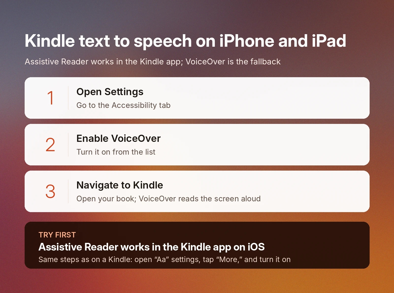 Steps to enable Kindle text-to-speech with Assistive Reader; Enhanced Typesetting required.