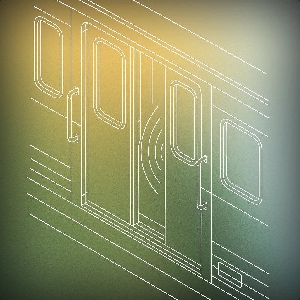 Cover of subway train door with open gap and stylized soundwave lines emanating from the opening for Subway sound effects