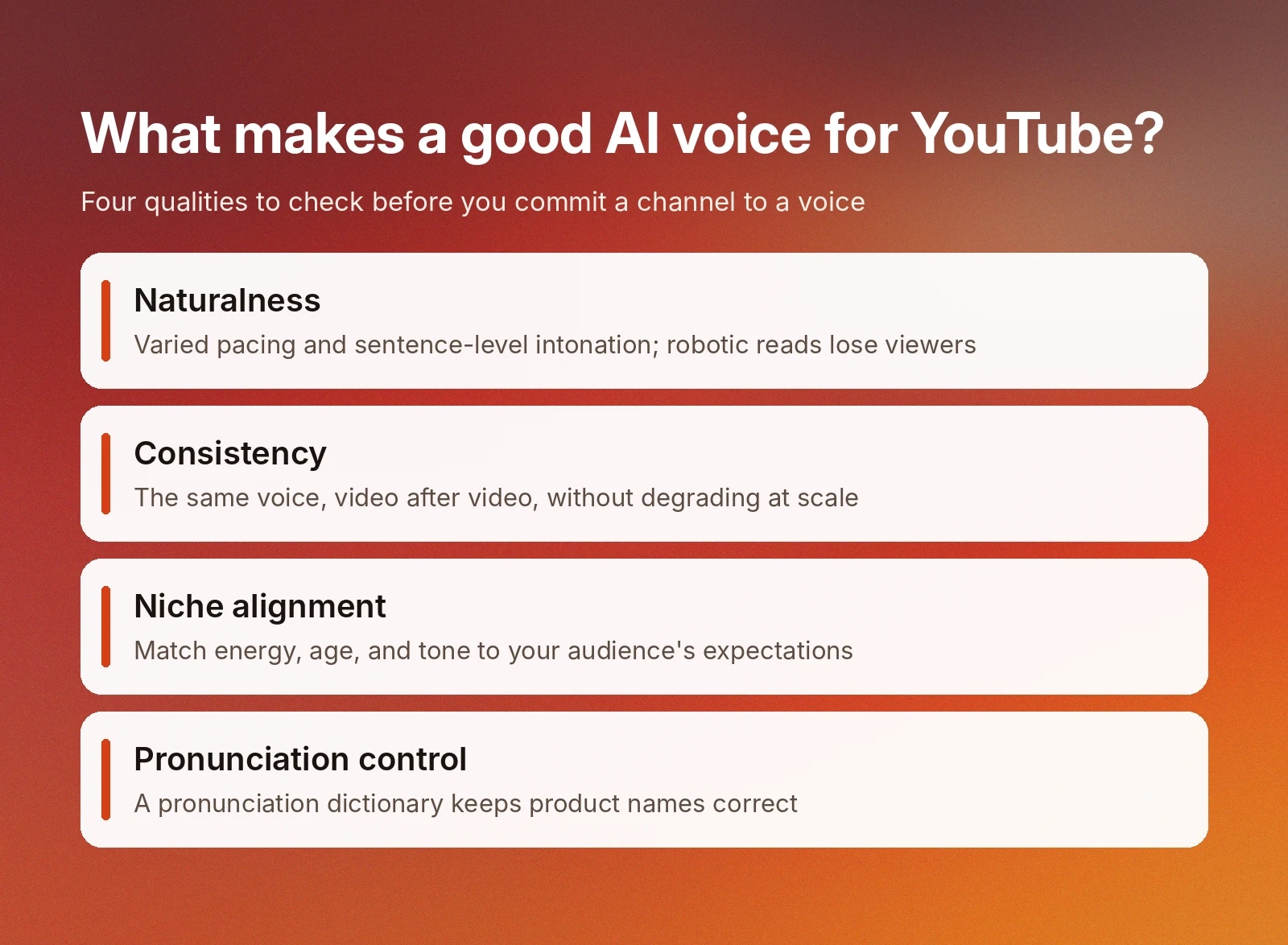 AI YouTube voice checklist: naturalness, consistency, niche alignment, and pronunciation control for best AI voices for YouTube