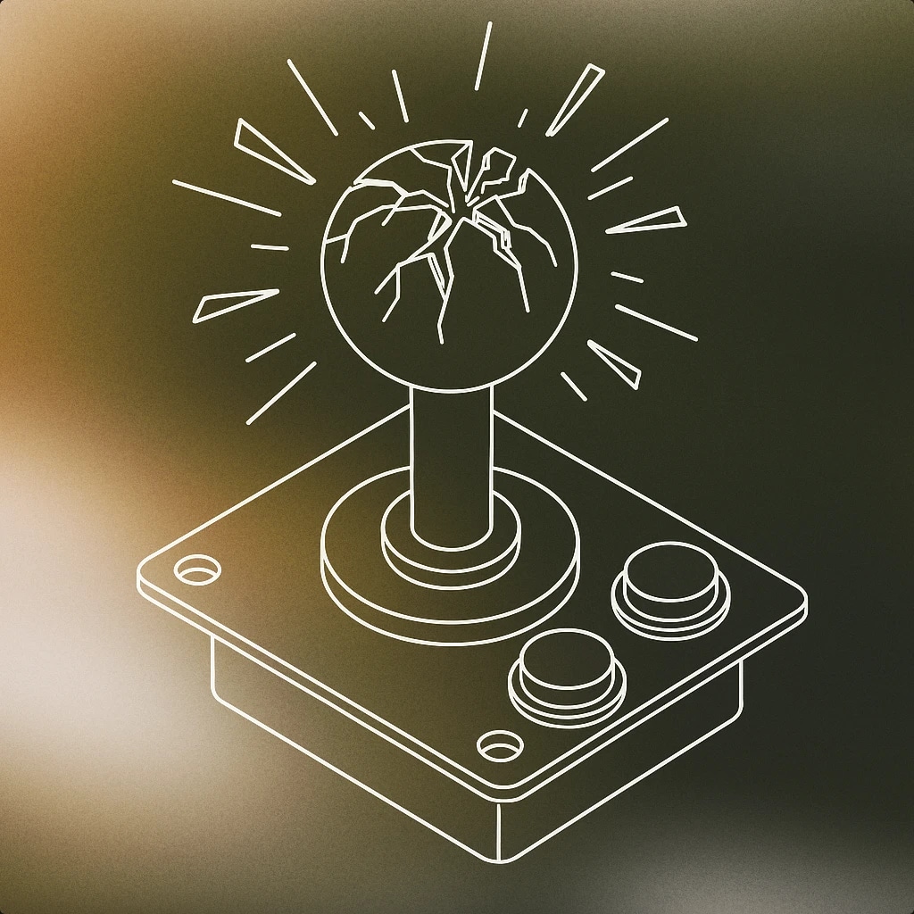Cover of A stylized arcade game joystick with a shattered top, fragments radiating outward in a dynamic burst pattern for Arcade Explosion sound effects