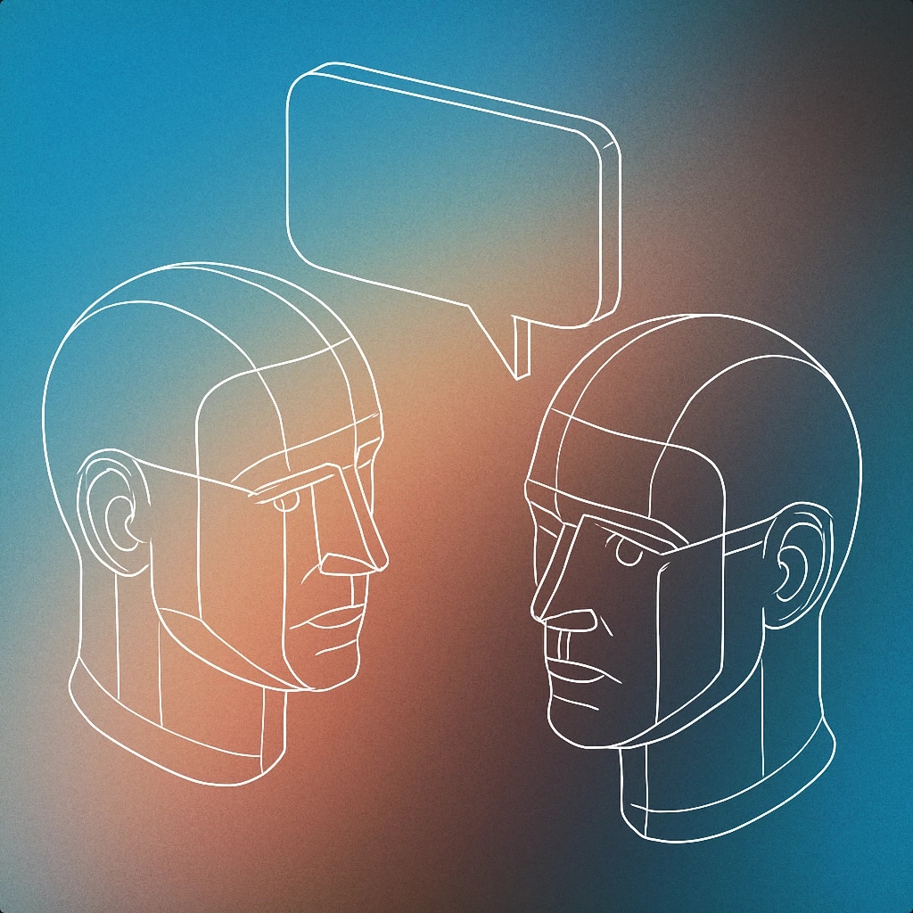 Cover of two stylized human heads facing each other with a simple speech bubble between them for People Talking sound effects
