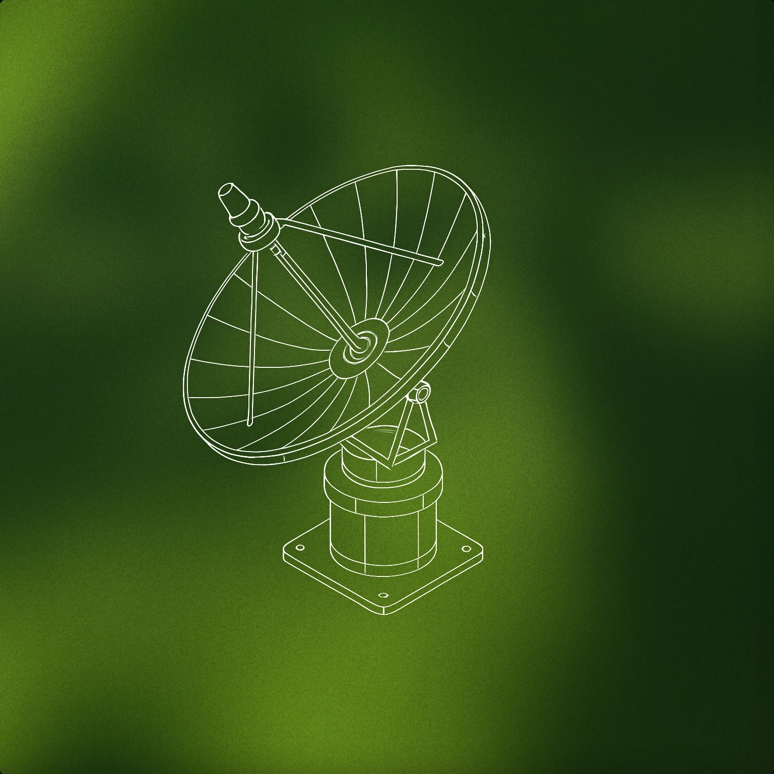 Cover of parabolic satellite dish with an antenna at its focal point mounted on a modular cylindrical hub for Space Station sound effects