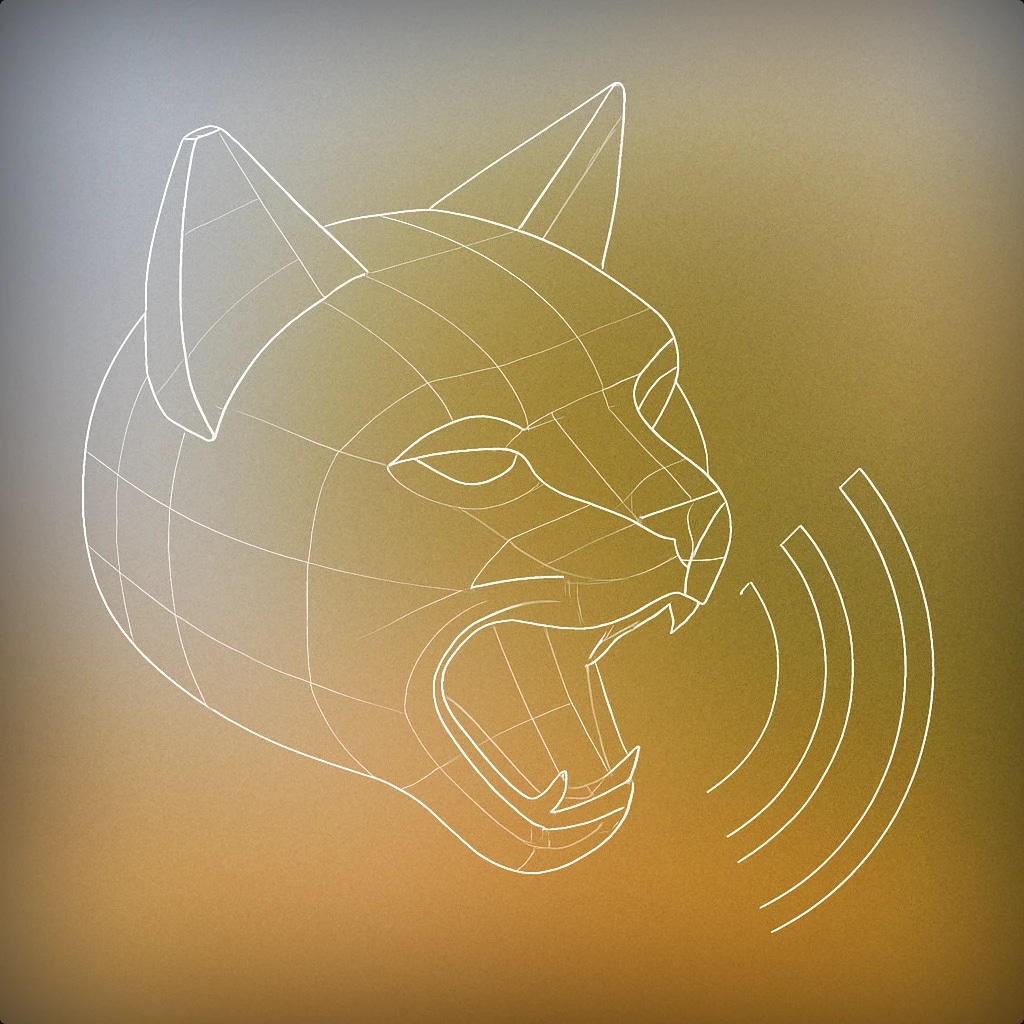 Cover of a stylized cat head with an open mouth and three curved lines emanating from the mouth to indicate sound for Cat Meow sound effects