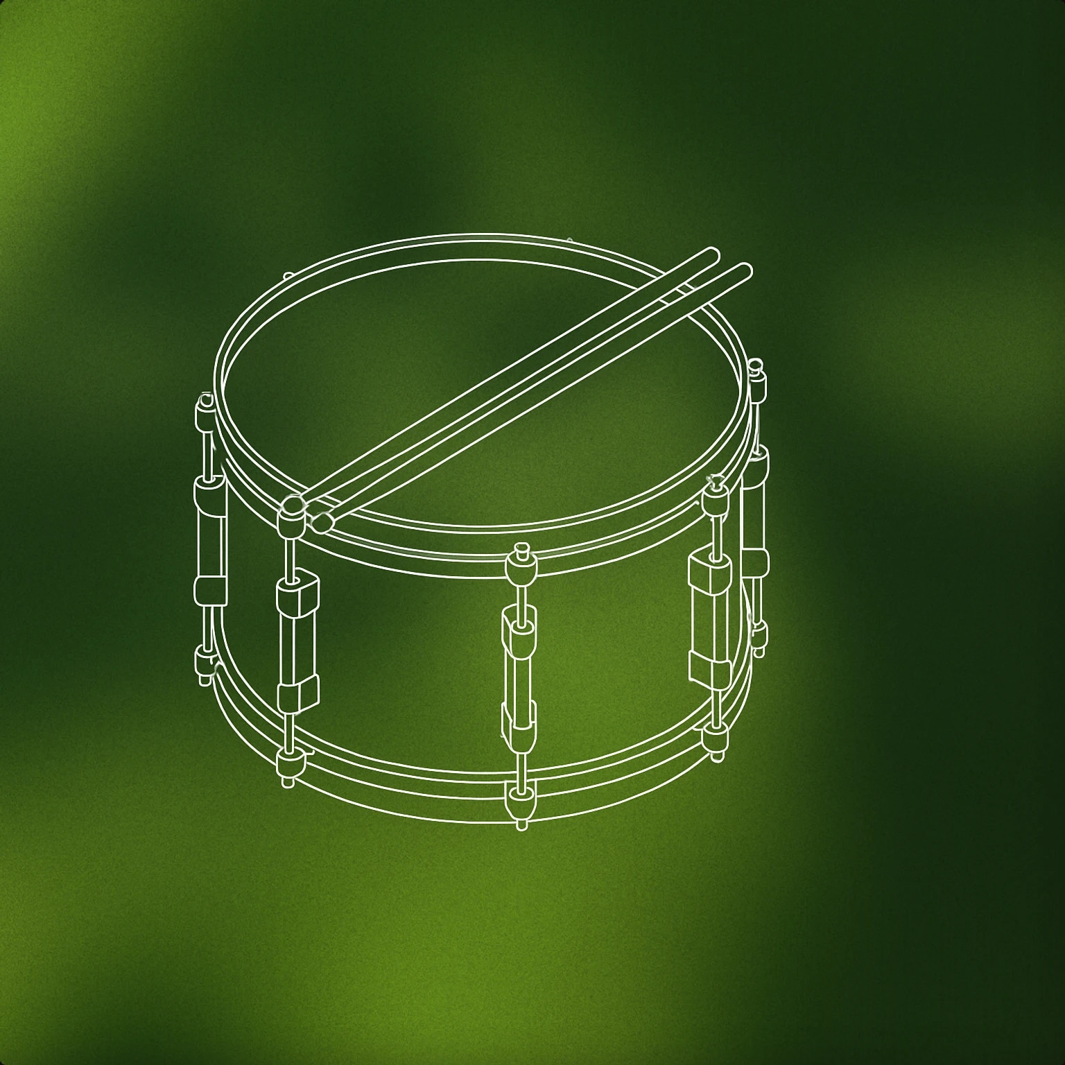 Cover of A single snare drum with its characteristic tension rods and a pair of drumsticks resting diagonally across the drumhead for Snare Drum sound effects