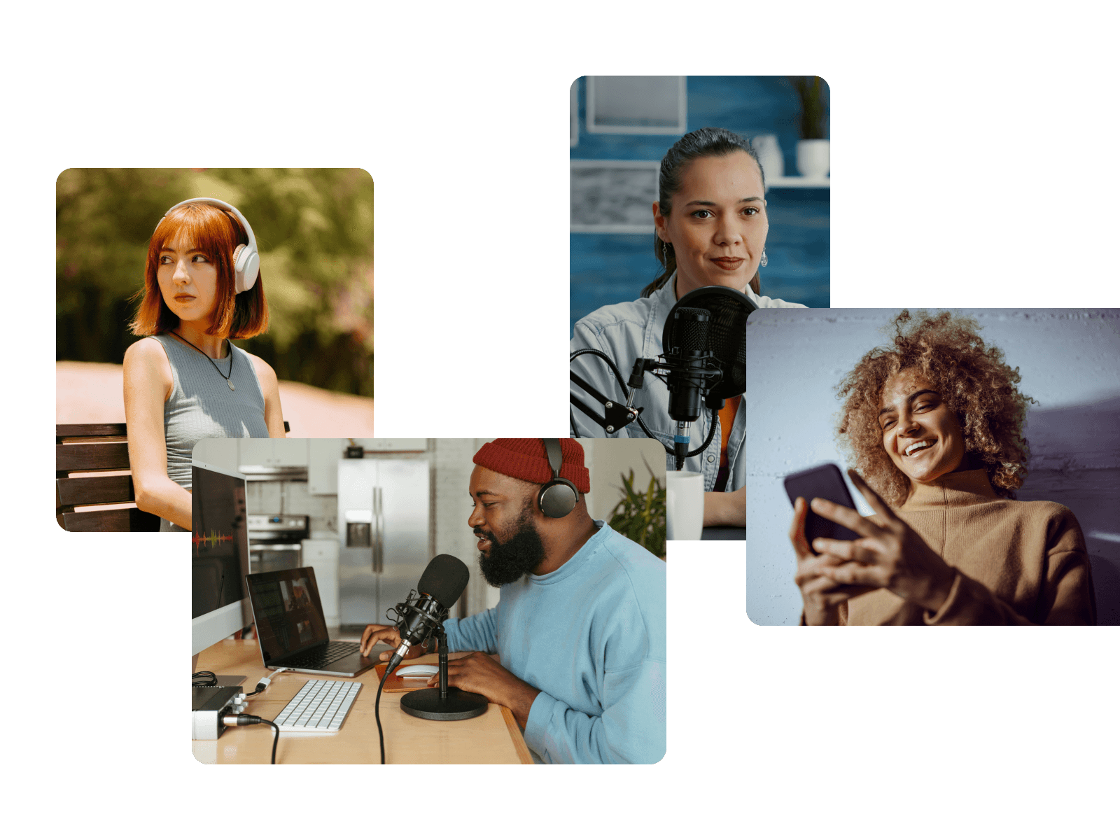 Four people recording or listening to audio, each with a microphone or headphones.