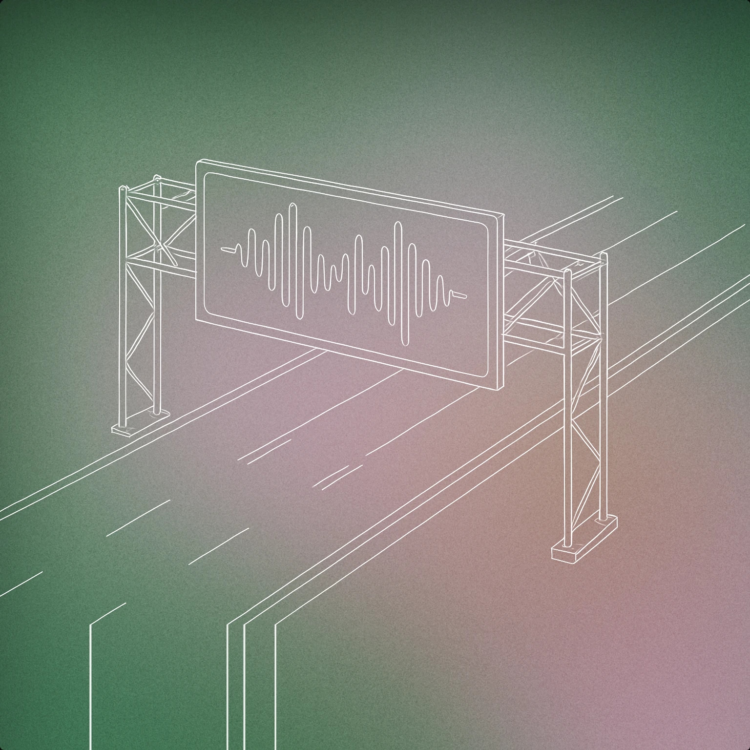 Cover of A large overhead road sign with stylized minimal soundwave patterns cut into its panel, mounted above a straight stretch of highway for Highway sound effects