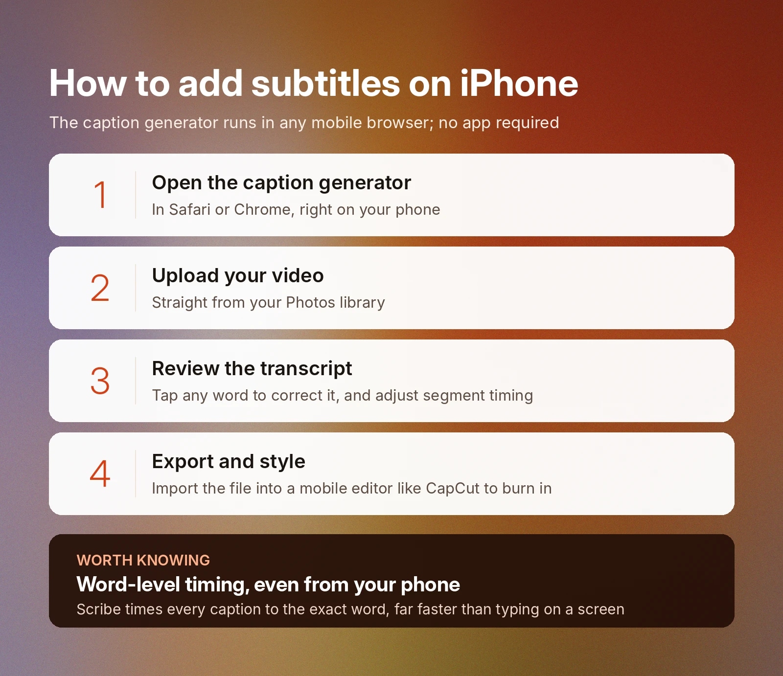 Four-step iPhone subtitle guide: open generator, upload, review, then export and style. Add subtitles to a video