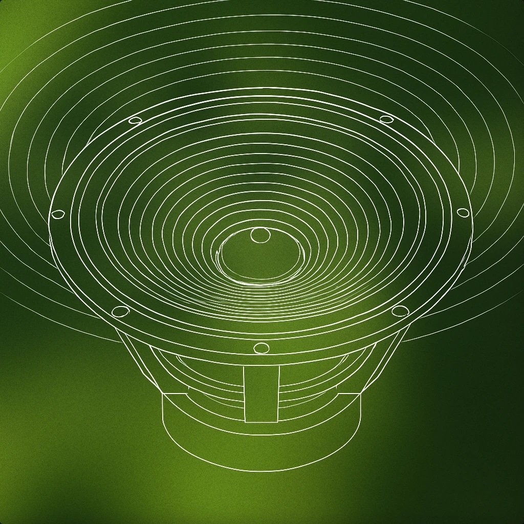 Cover of A large subwoofer cone with exaggerated, radiating concentric rings emanating outward from its center for Bass Boost sound effects