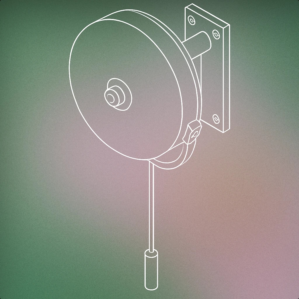 Cover of classic school bell mounted on a wall with a simple pull cord hanging down for Classroom Bell sound effects