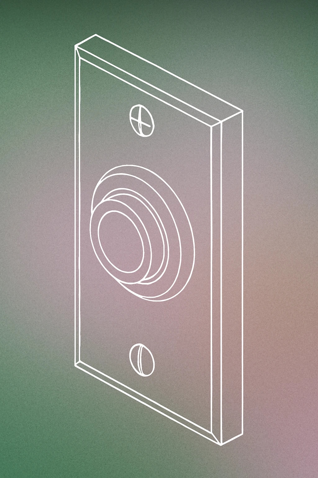 Cover of a classic doorbell button mounted on a rectangular wall plate, with a subtle circular indentation in the center to indicate the pressable area for Door Bell sound effects