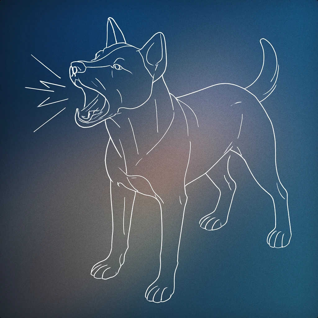 Cover of A dog with its mouth open mid-bark, with a single stylized soundwave emanating from its mouth for Barking Dog sound effects