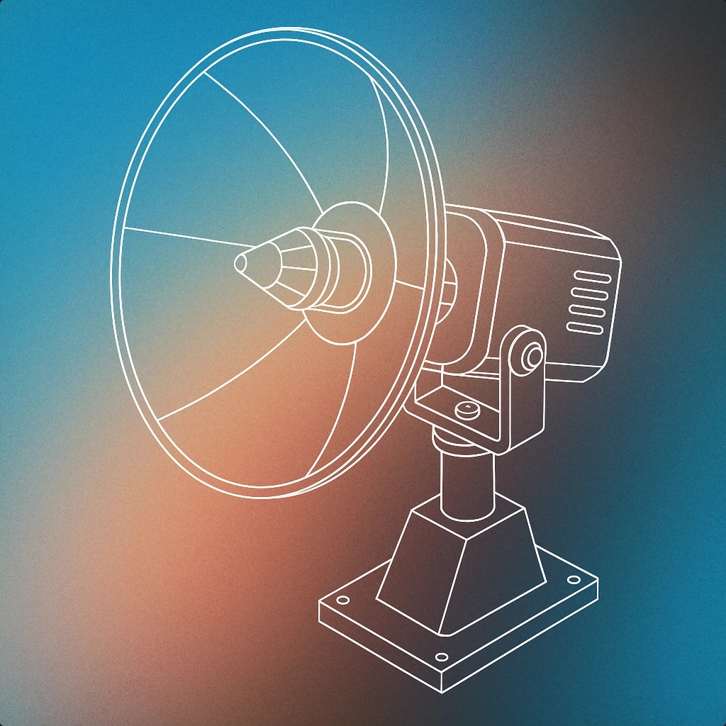 Cover of a futuristic sonic cannon with a parabolic dish and a central emitter for Weapon sound effects