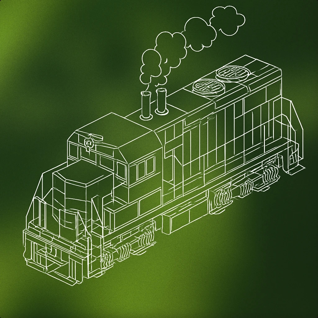 Cover of diesel locomotive with stylized exhaust pipes emitting rhythmic puffs for Diesel Train sound effects