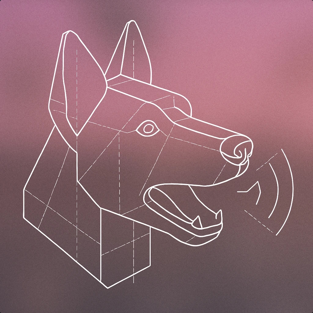 Cover of a stylized dog head with an open mouth, emitting a single, simple soundwave line for Bark sound effects