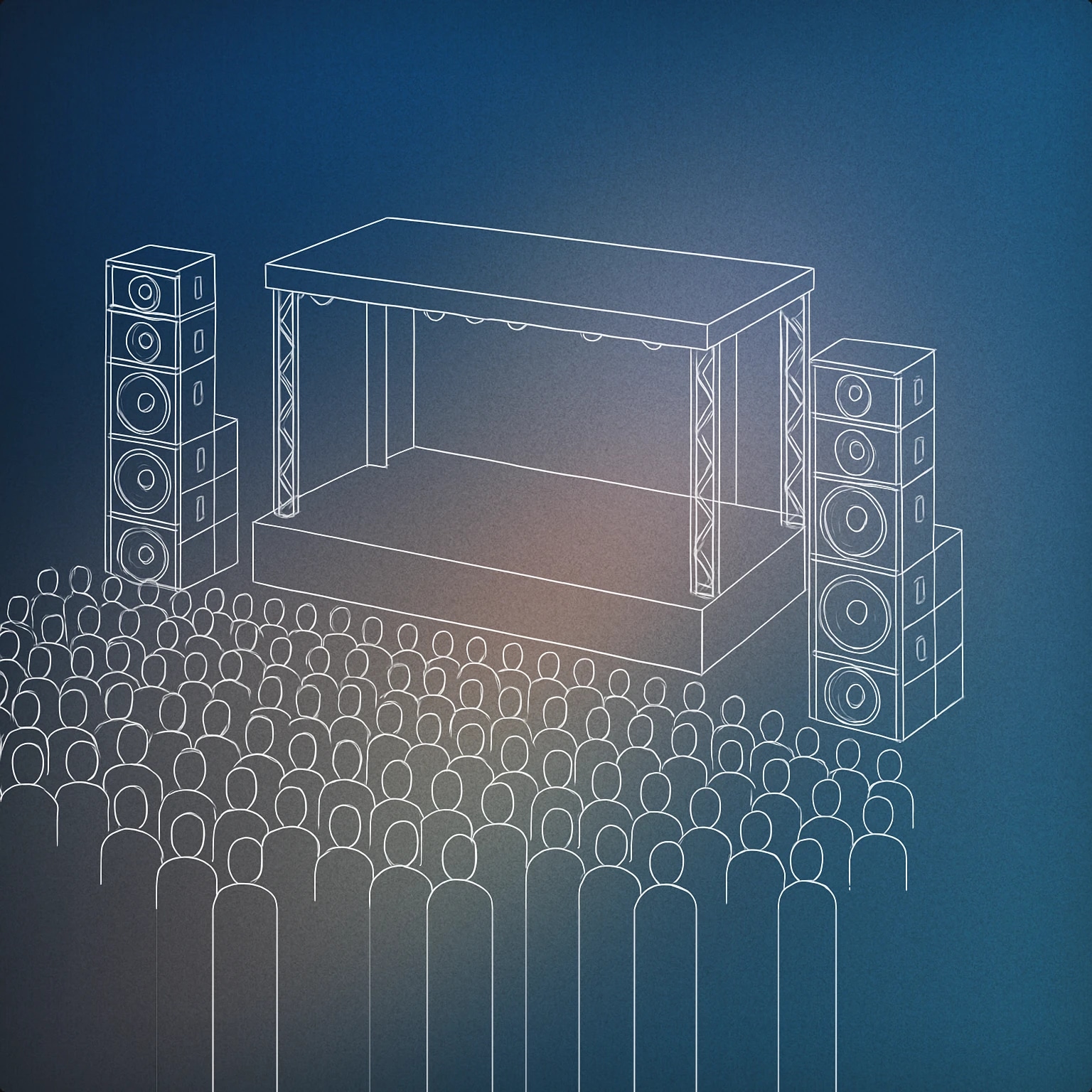 Cover of A large stage with a prominent set of massive loudspeakers at each side and a stylized, simplified crowd in front for Festival sound effects