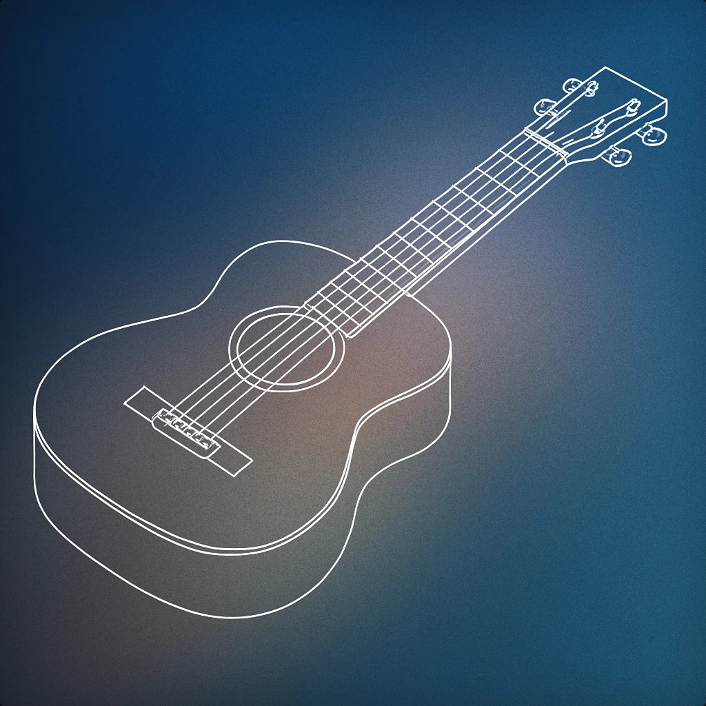 Cover of An acoustic guitar lying flat with its neck extending diagonally, showing the body, sound hole, and tuning pegs in clear geometric shapes for Guitar sound effects