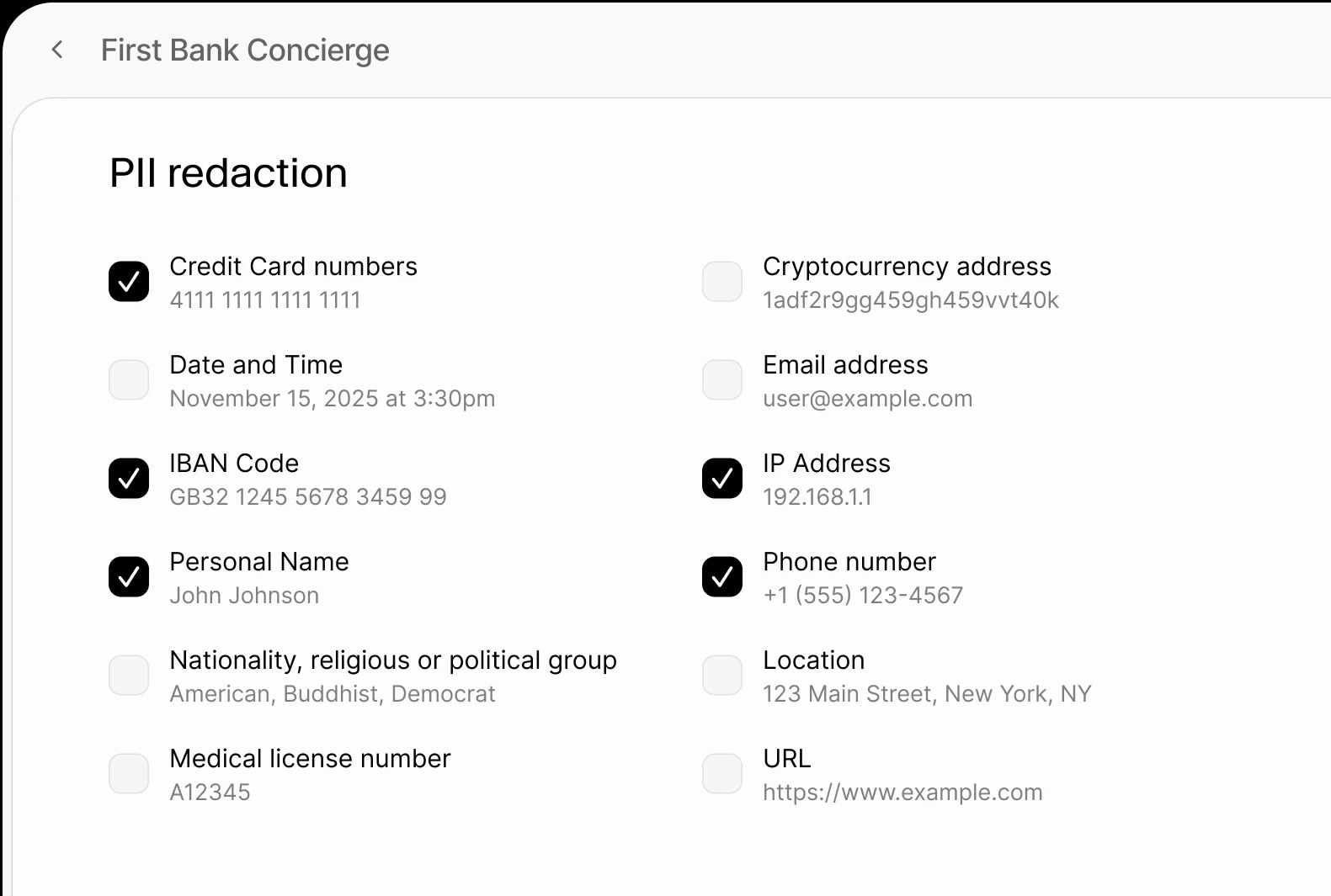 PII redaction settings with credit card, IBAN, name, IP address, and phone selected.