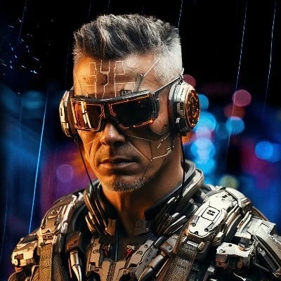 A man wearing futuristic sunglasses and high-tech gear in a neon-lit cityscape.