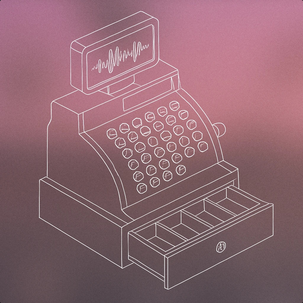 Cover of vintage cash register with a stylized soundwave pattern on its display for Market sound effects