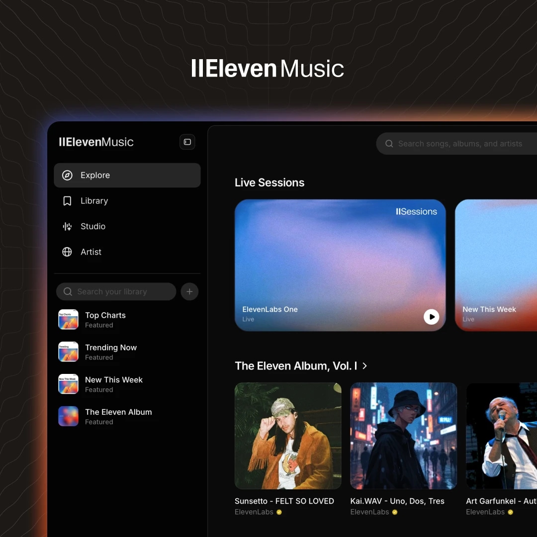 IIEleven Music app interface showing Explore, Library, Studio, and Artist sections with Live Sessions.