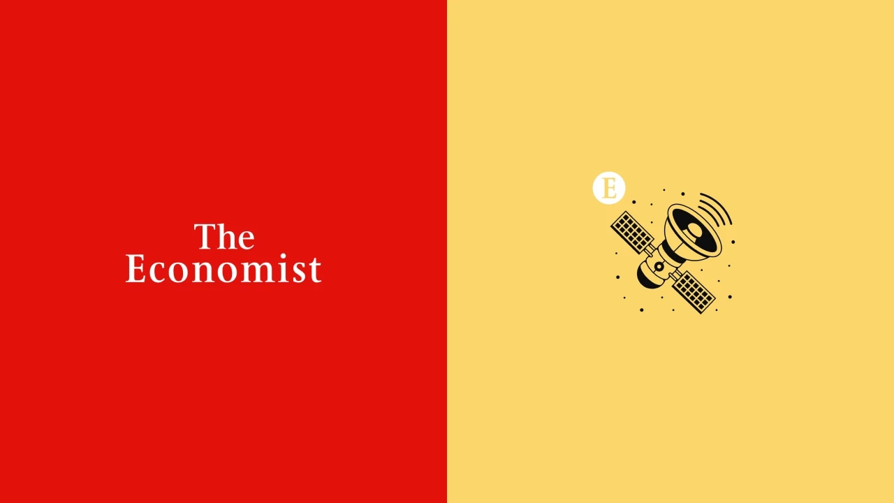 The Economist logo with a satellite illustration on a split red and yellow background.