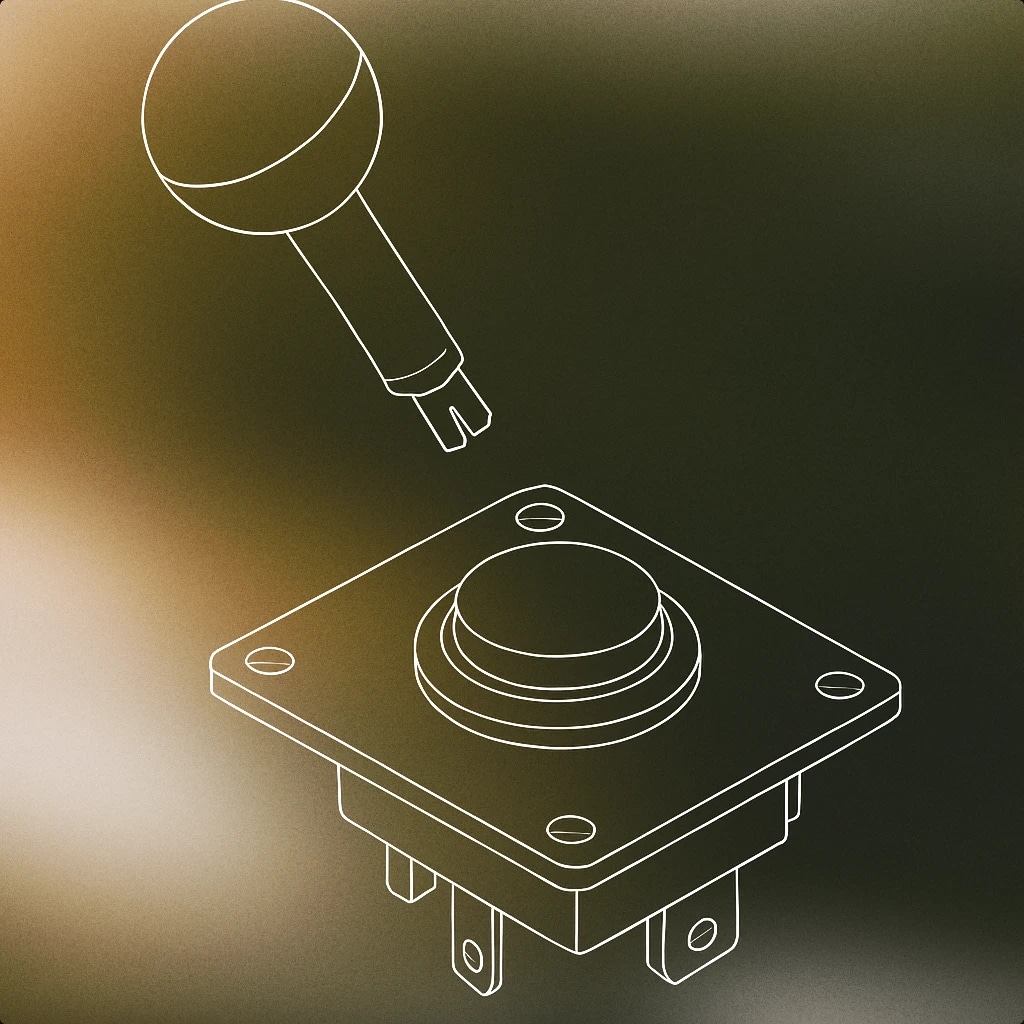 Cover of a broken arcade joystick with a single button, tilted and disconnected from its base for Game Over sound effects