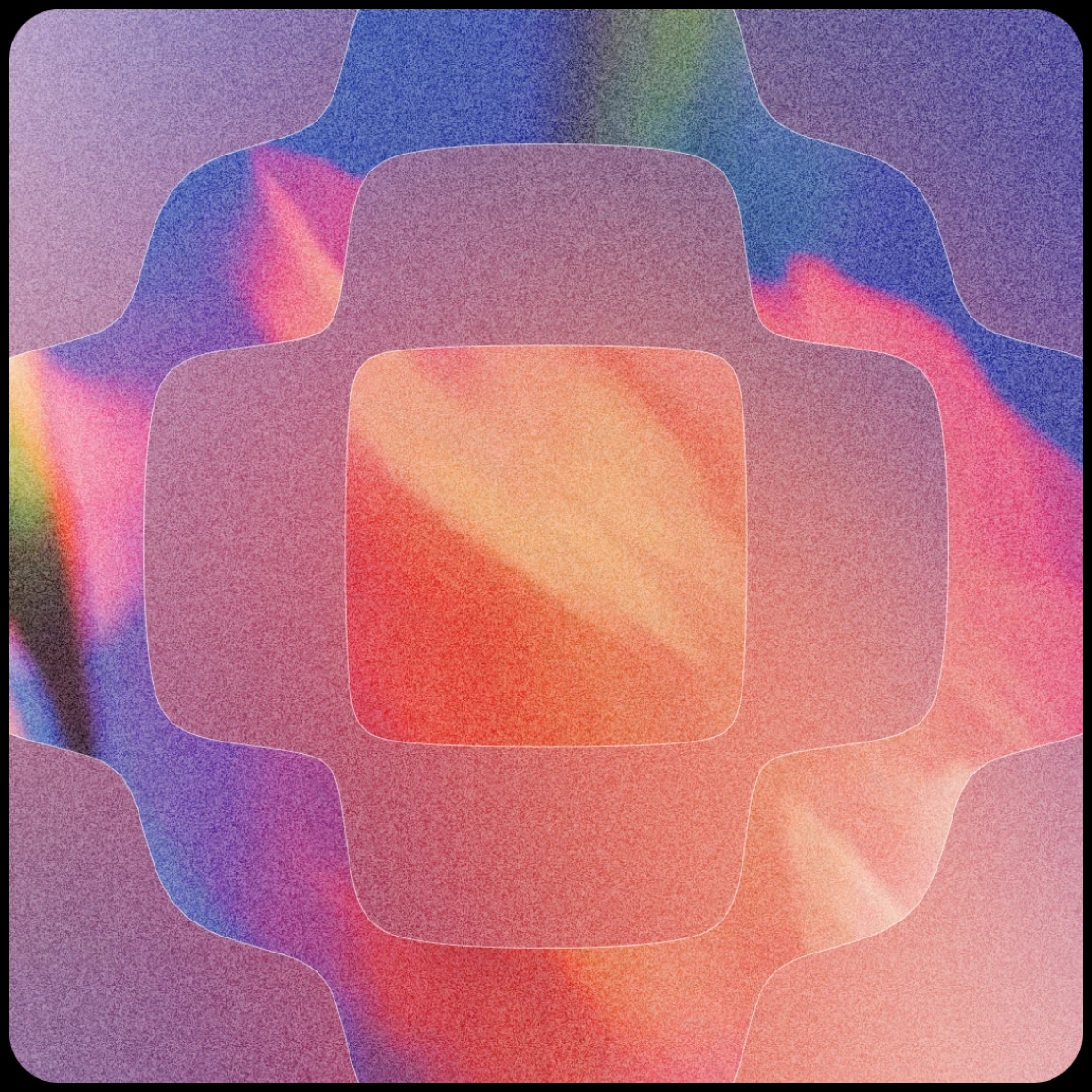 A layered, abstract composition of nested rounded squares radiating outward from a warm orange-red center, bleeding into vibrant pinks, purples, and blues at the edges, with a prismatic light flare on the left side giving it an iridescent, holographic feel.