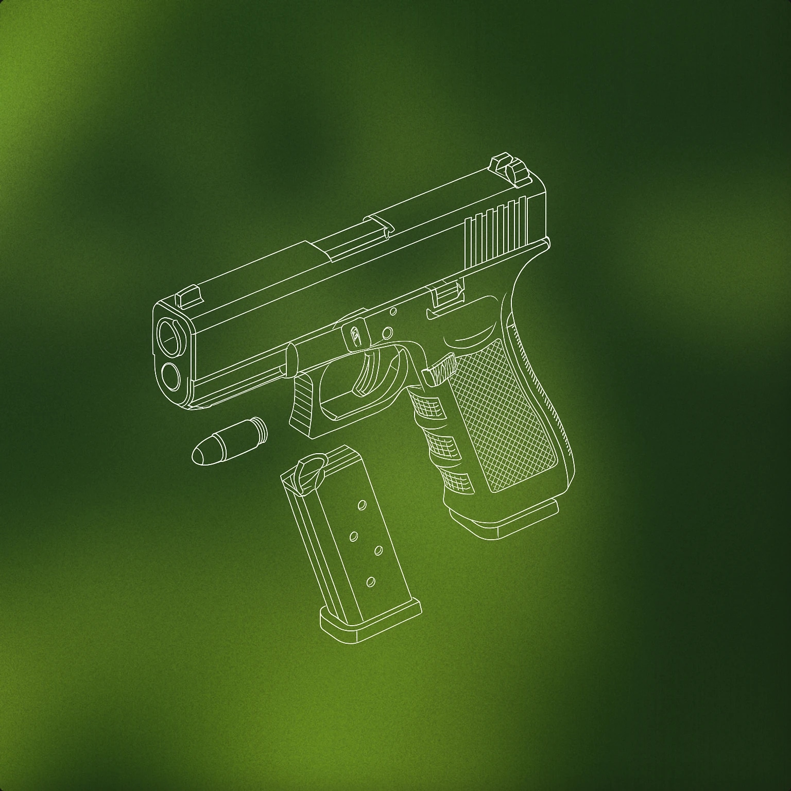 Cover of a semi-automatic pistol with an ejected magazine and a single cartridge hovering near the magazine well for Gun Reload sound effects