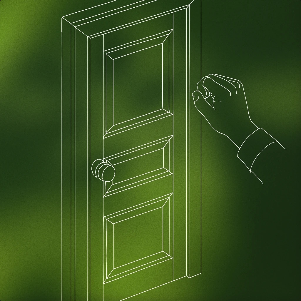 Cover of a classic wooden door with a round doorknob and a raised hand poised to knock for Door Knock sound effects