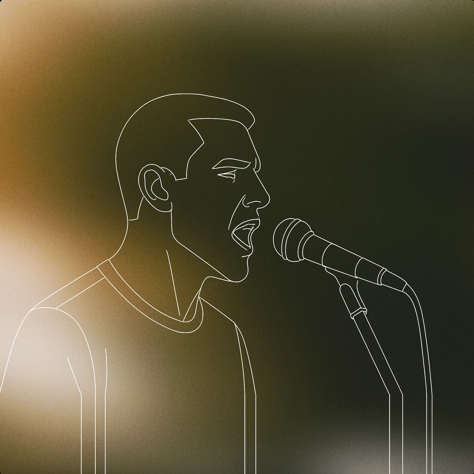 Cover of Minimalistic bust of a male singer with a defined jawline and short hair, positioned mid-song with mouth open for Male sound effects